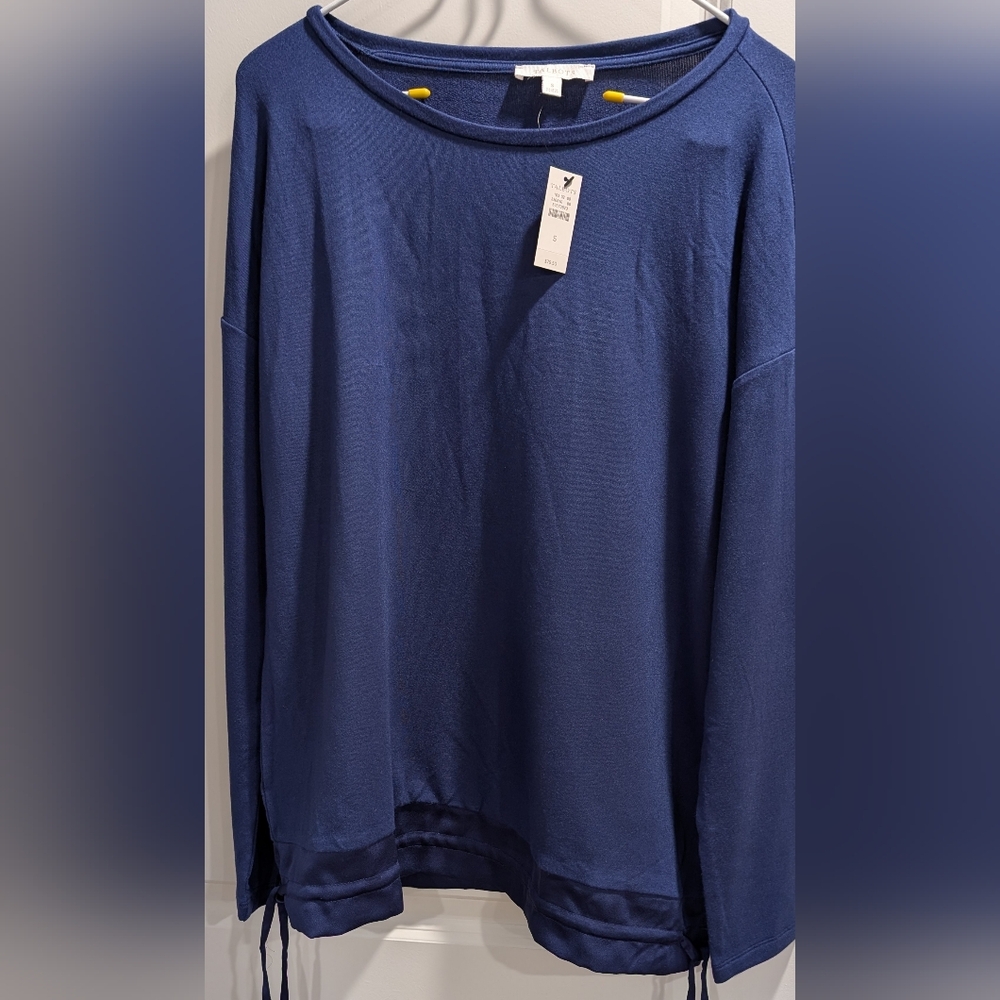 Talbots NWT Navy Knit Top Drawstring Sheer Hem Minimalist Small